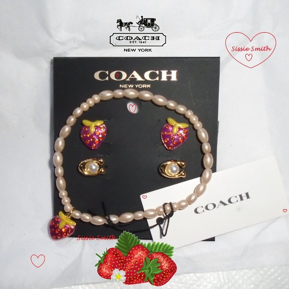 🍓Coach Strawberry Pearl Stretch Bracelet & 2 Sets of Matching Earrings - Picture 1 of 12